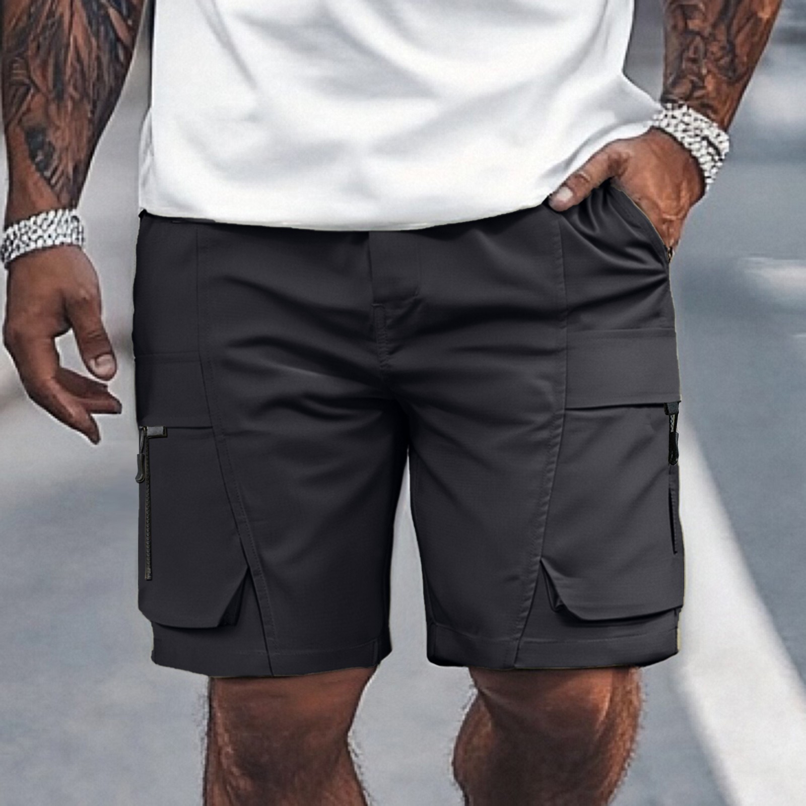 thumbnail image 2 of Pantalones cortos holgados con cordón para hombre - Transpirables y ligeros - Spandex, ropa urbana informal, tallas S-XXL, 2 of 8